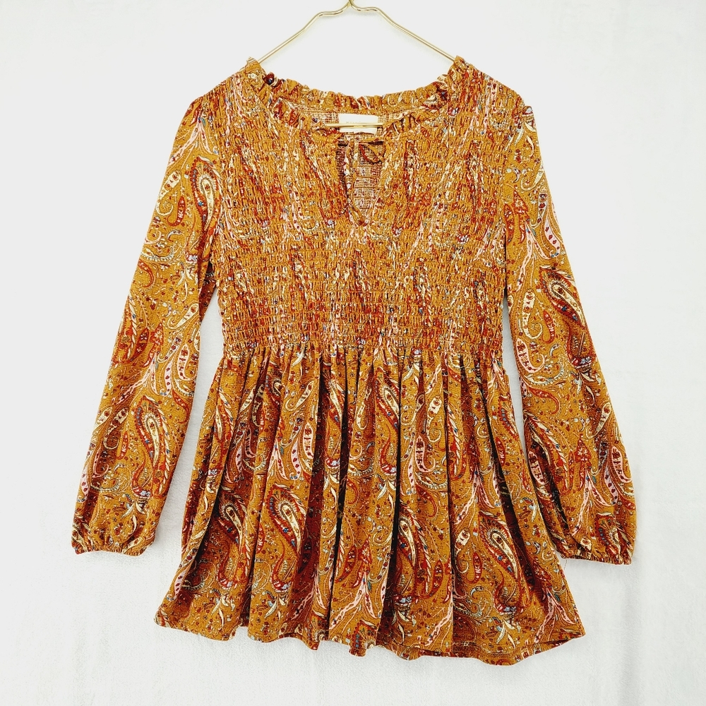 Melloday Boho Orange Flowy Elastic Top Ruffle Flare Bottom Long Sleeve Top P1703